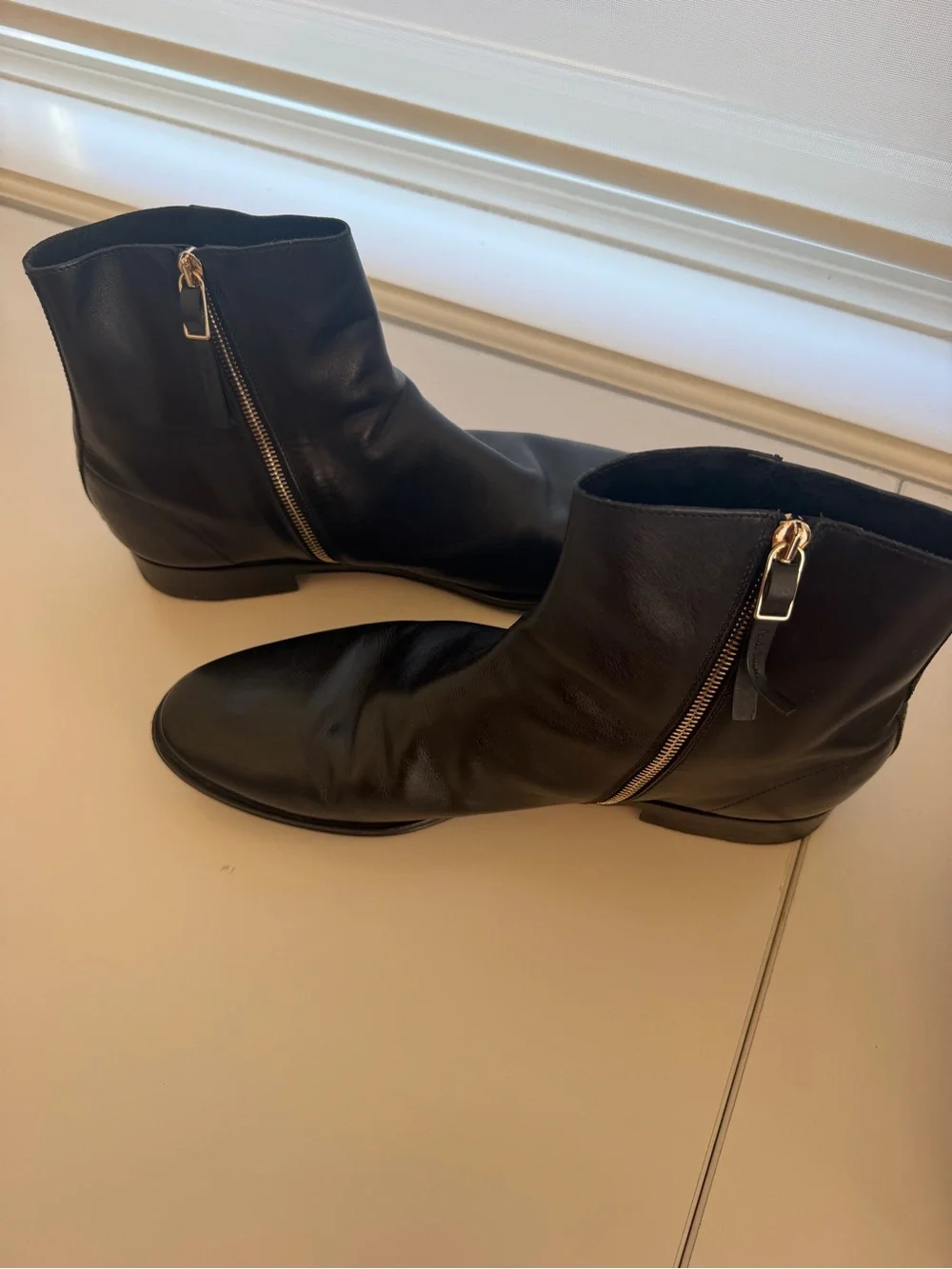 Paul Smith Black Leather Ankle Boots with Gold Zip Detail Made in Italy